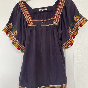 Madewell Black‎ Boho Embroidered Peasant Top, Size XS, Square Neck, J4687